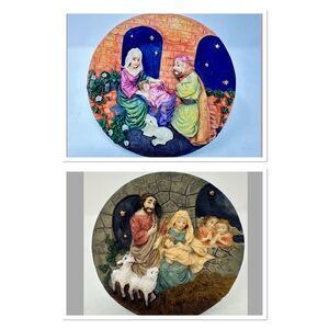 Vintage 3D Nativity Resin Mini Plate Pair Hand-Painted 4.5" - Built-in Stands
